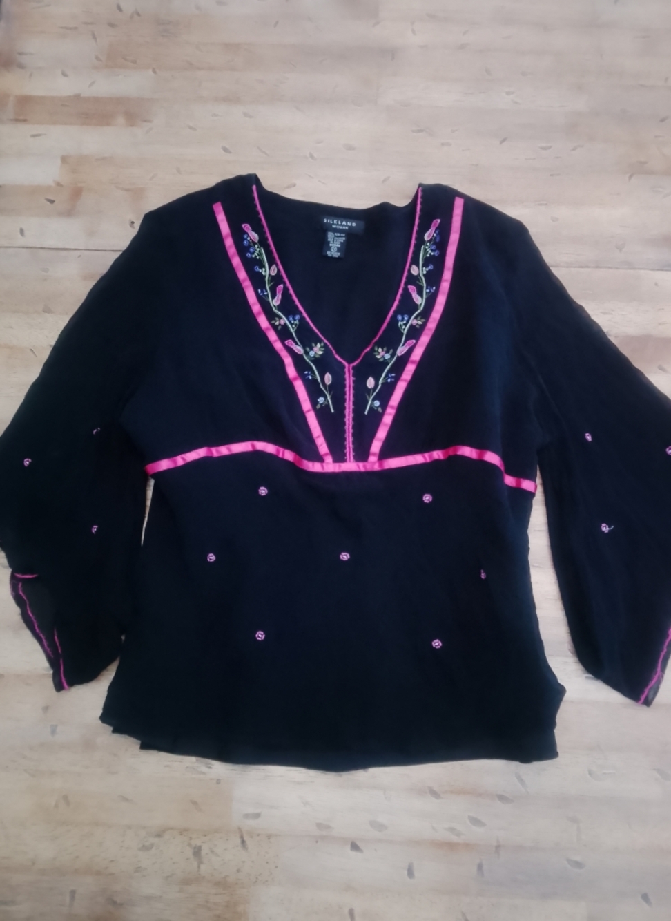 Y2K Silk Embroidered  V-Neck Black Blouse with Pink Trim